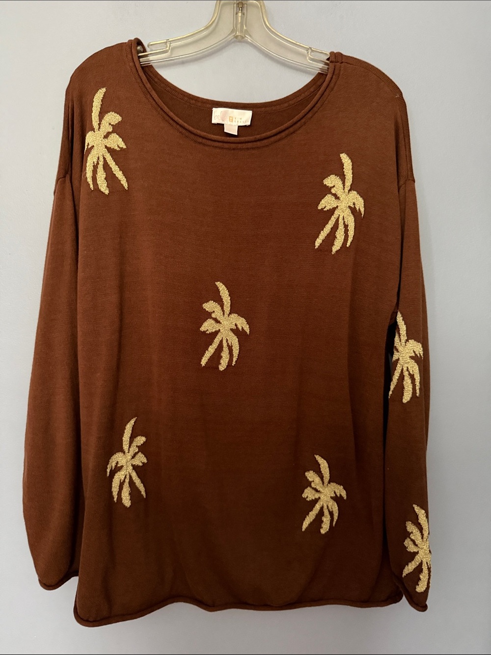 Belle by Kim Gravel Golden Palms Sweater Large Brown Palm Tree